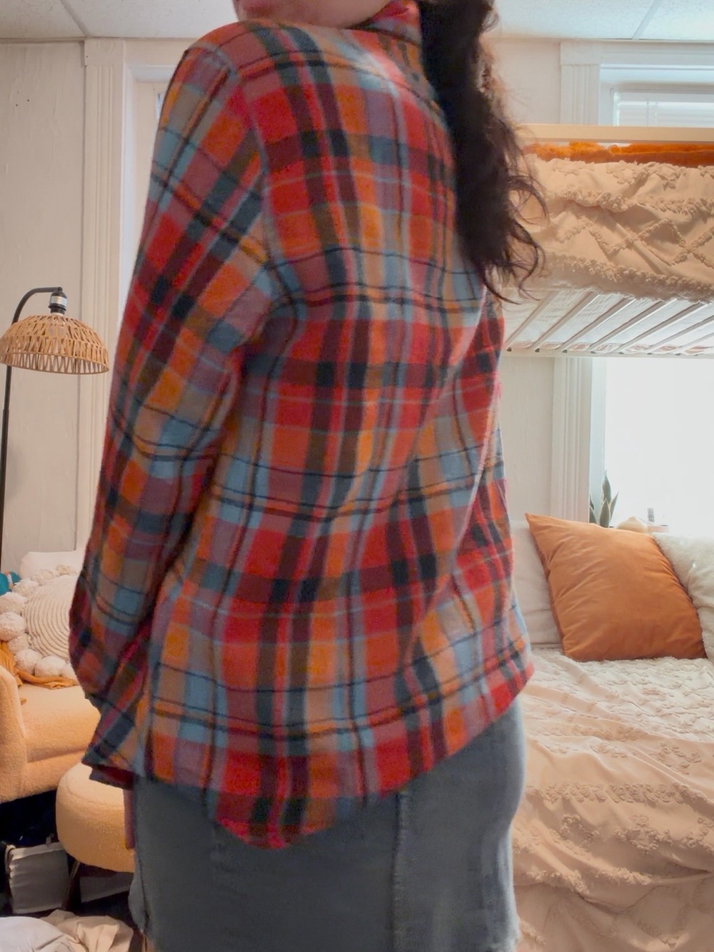 Casual Red, Orange & Blue Plaid Boyfriend Button-Up Flannel Shirt | Size S - Picture 6 of 7